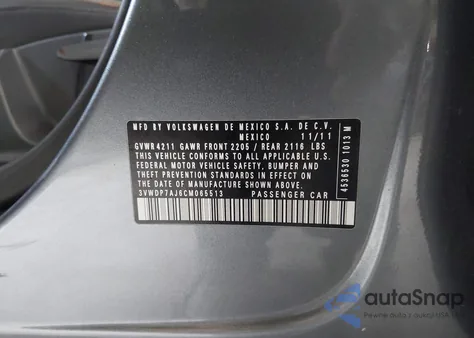 2012 Volkswagen Jetta 2.5L Se z USA, uszkodzony, nr VIN 3VWDP7AJ6CM065513